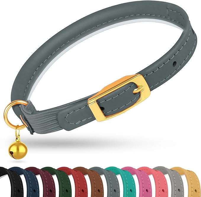 OOPSDOGGY Rolled Leather Cat Collar with Bell - Reflective Kitten Collar with Safety Elastic Strap - Adjustable Small Pet Collars for Boy Girl Cats (Denim)