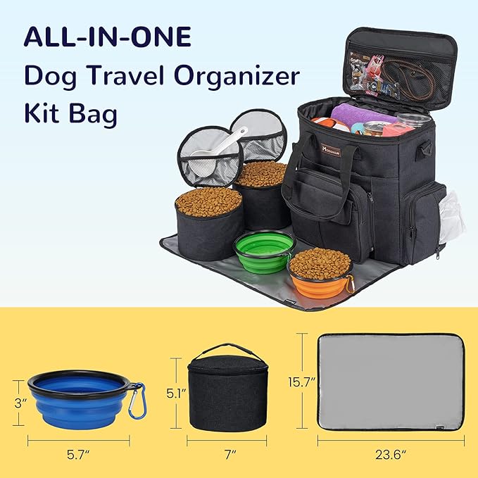 Modoker Dog Travel Bag with 2 Collapsible Dog Bowls, 1 Dog Backpack, Airline Approved Pet Travel BagOrganizer for Supplies &amp; Accessories, 2 Travel Dog Food Container, Black