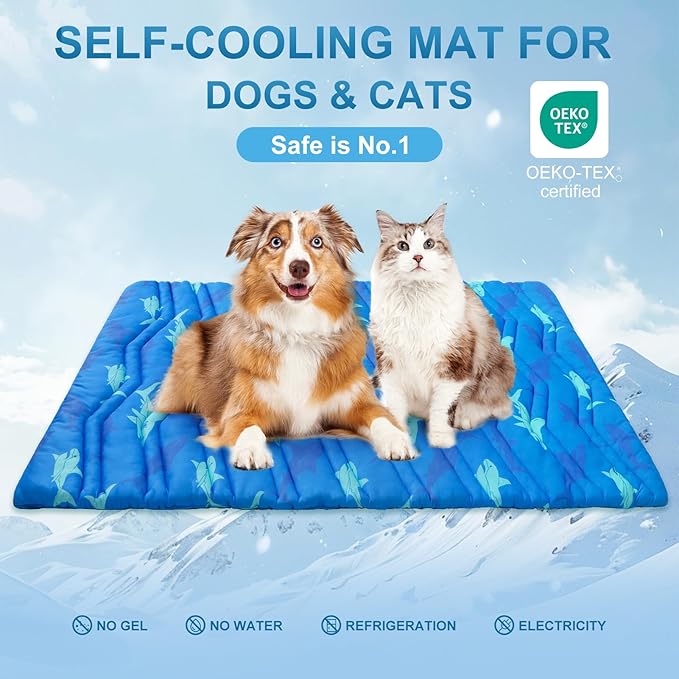 BEAUTYZOO Dog Cooling Mat- Upgraded Thicken Cooling Mat for Large Dogs Reversible(Cool &amp; Warm) Pet Ice Cool Bed Washable &amp; Portable, Summer Crate Pad for Big Dog Puppy Up to 80 lbs, Shark Blue 48X28IN