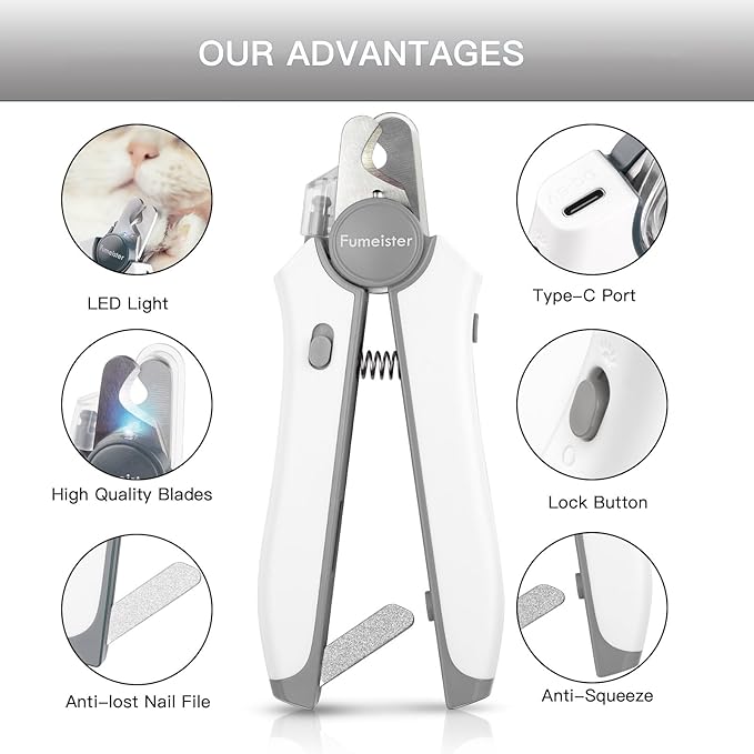 Type-C Rechargeable Dog &amp; Cat Nail Clippers - LED Pet Nail Trimmer with Built-in Nail File, Extra Sharp Blades for Small &amp; Medium Dogs, Indoor Cats (White-Gray)