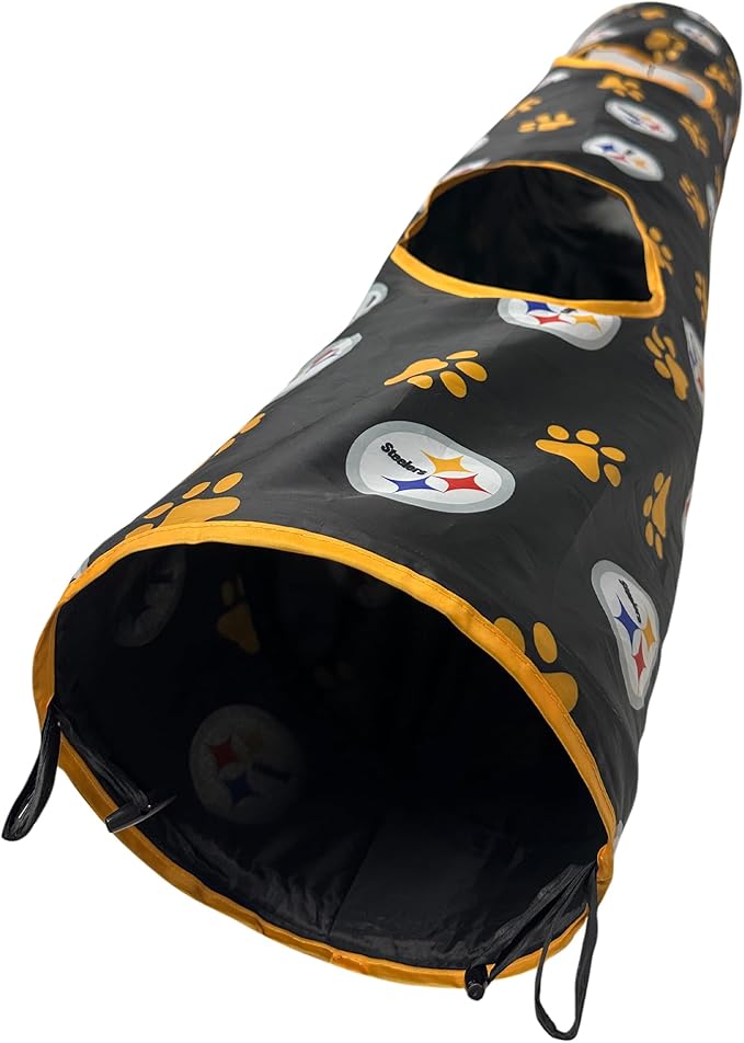 NFL Pittsburgh Steelers Cat Tunnel Tube Toy with Plush Football Catnip and Feathers Collapsible Tunnel for Cats to Play, Peek and Hide, Sporty &amp; Fun Cat Tunnel Toy with Team Logo All-Over Design!