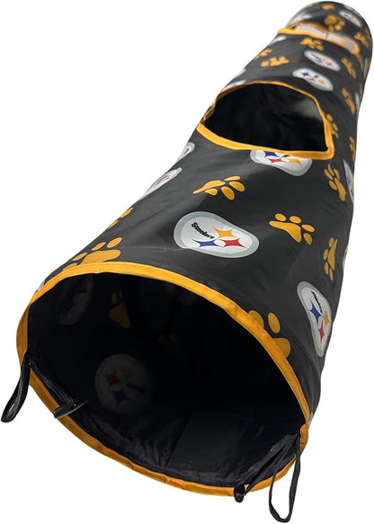NFL Pittsburgh Steelers Cat Tunnel Tube Toy with Plush Football Catnip and Feathers Collapsible Tunnel for Cats to Play, Peek and Hide, Sporty &amp; Fun Cat Tunnel Toy with Team Logo All-Over Design!