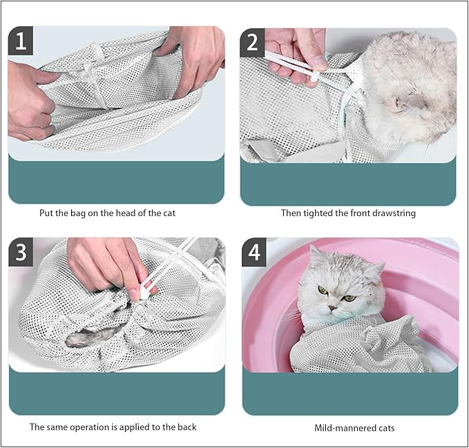 7-Piece Cat Bathing Set - Anti-Scratch Silicone Shoes, Claw Covers, Shower Net, Bathing Bag &amp; Elizabethan Collar (Grey-3)