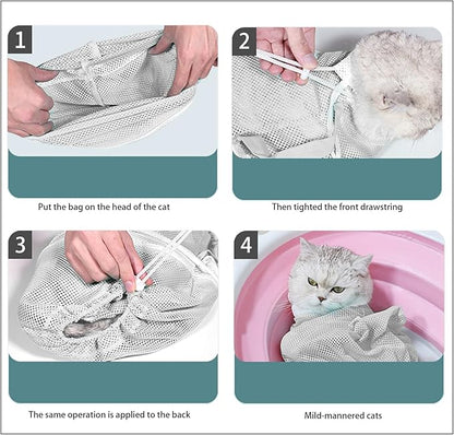7-Piece Cat Bathing Set - Anti-Scratch Silicone Shoes, Claw Covers, Shower Net, Bathing Bag &amp; Elizabethan Collar (Grey-3)