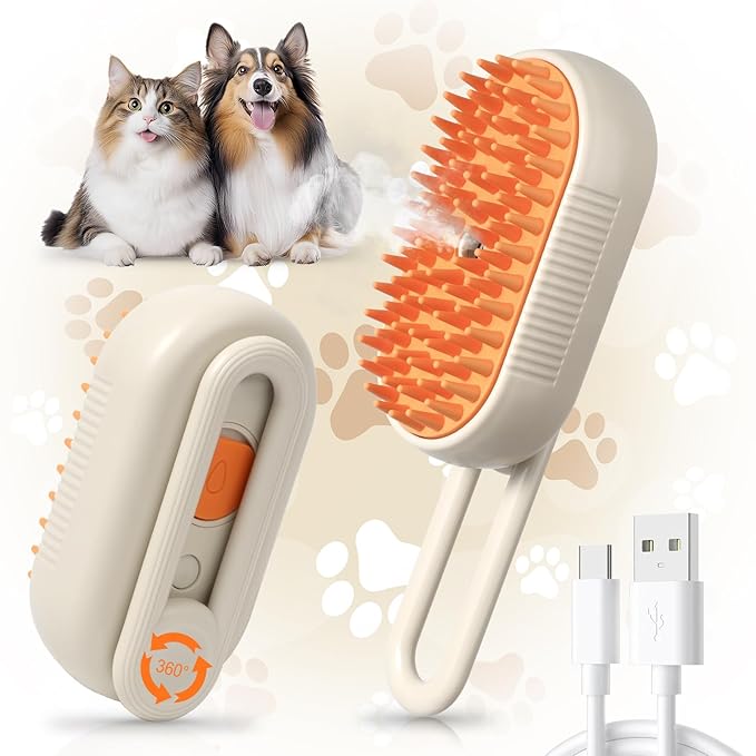 Pet Steam Brush, Rechargeable Cat Steam Brush for Shedding, 2025 New &amp; 4 in 1 Pet Spray Hair Removal Comb with Anti-Static,Massage, Cleaning, Shedding &amp; Combing All In One! (Khaki)