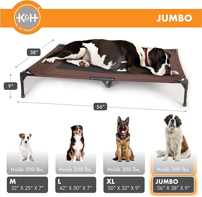 K&amp;H Pet Products Outdoor Elevated Dog Cot, Breathable Cooling Elevated Cot Hammock Pet Bed for XL Dogs, Washable Mesh Cover, Raised Metal Frame, Collapsible, Portable - Jumbo 56 X 38in Chocolate