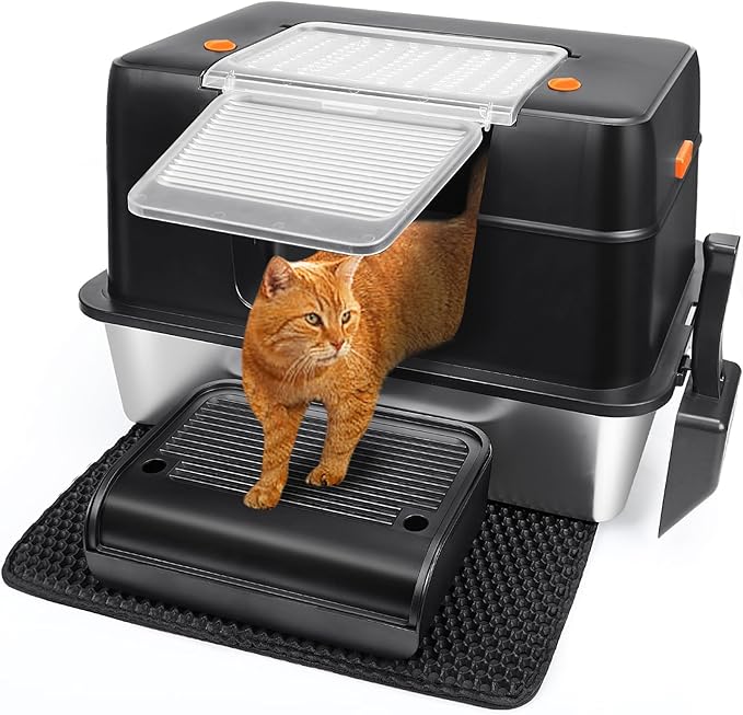 Vivifying Stainless Steel Litter Box, XL Side Entry Extra Large Litter Box with Lid for Big Cats &amp; Kitty, Removable Enclosed Metal Cat Pan with High Sided Enclosure, Scoop, Mat, Footboard (Black)