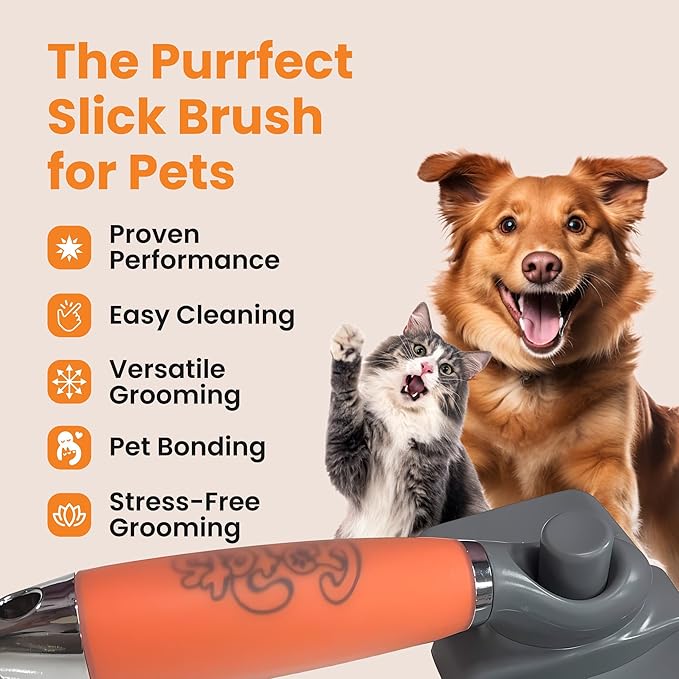 GoPets Self-Cleaning Slicker Brush for Dogs &amp; Cats, Deshdding &amp; Dematting Comb with Retractable Bristles for Easy Cleaning, Undercoat Grooming Tool, Non-Slip Handle, Detangler for Mats &amp; Loose Pet Fur