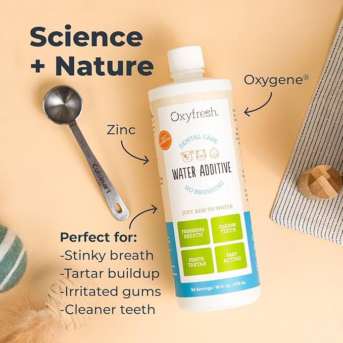 Oxyfresh Premium Pet Dental Care Solution Pet Water Additive: Best Way to Eliminate Bad Dog Breath and Cat Bad Breath - Fights Tartar &amp; Plaque - So Easy, Just Add to Water! Vet Recommended 16 oz.