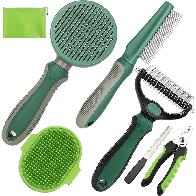Pet Grooming Kit - 7 PCS Green Deshedding Brush Set with Undercoat Rake, Slicker Brush, Bath Brush &amp; Nail Clipper for Short &amp; Long-Haired Dogs and Cats