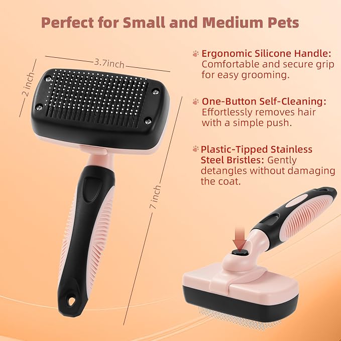 3PCS Cat &amp; Dog Brush Set: Slicker &amp; Deshedding Brush, Dematting Comb, and Bath Brush – Premium Grooming Tools for Shedding &amp; Tangle-Free Fur (pink)