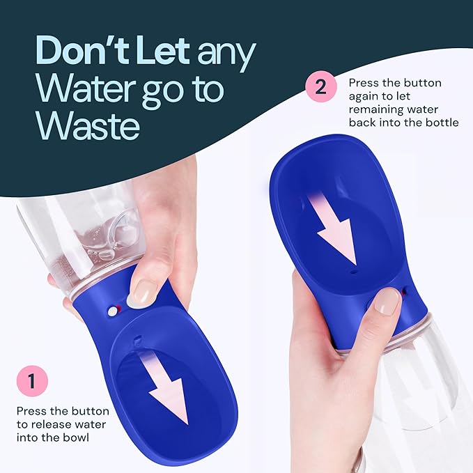 MalsiPree Dog Water Bottle Portable - 19 Oz, Navy Blue - Leak-Proof One-Hand Hydration Valve with Built-in Bowl - Travel Dog Water Bowl &amp; Pet Bottle Dispenser