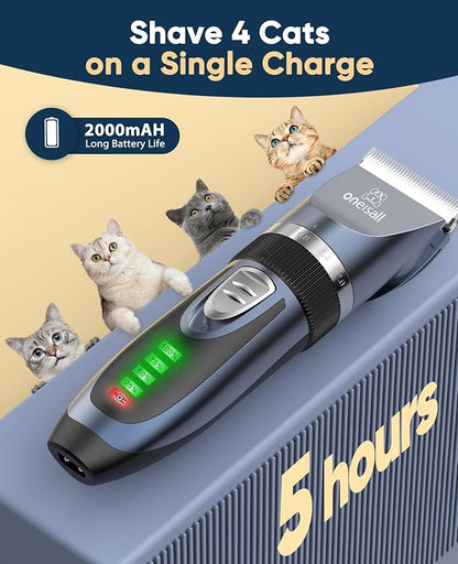 oneisall Quiet Cat Clippers for Matted &amp; Long Hair, 2-Speed Cordless Pet Shaver Grooming Kit for Cats, Small Dogs &amp; Animals (Blue)