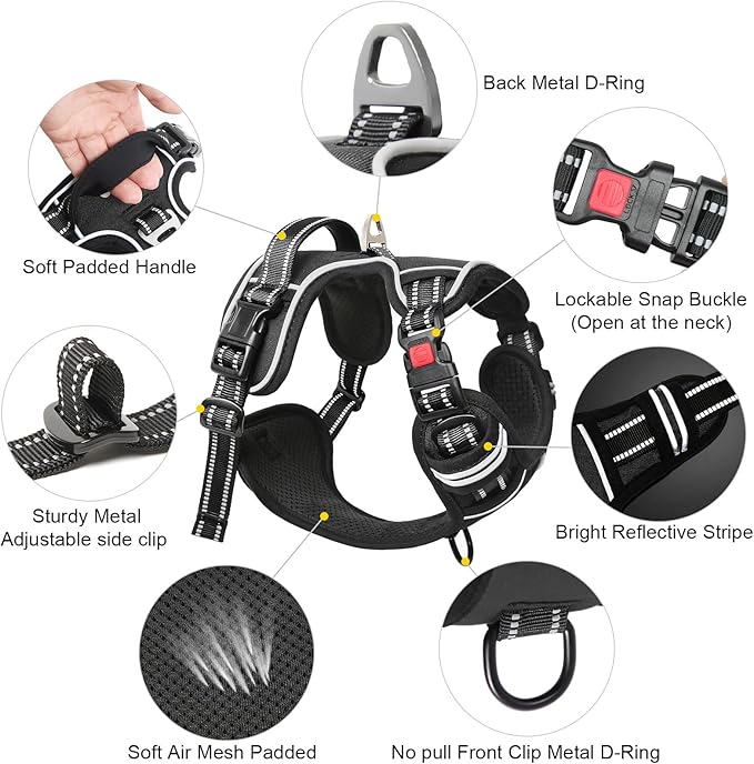 Timos No Pull Dog Harness, Release at Neck Reflective 3 Snap Buckles Adjustable No Choke Pet Vest with Front &amp; Back 2 Leash Clips, Soft Padded Control Training Handle for Small Medium Large Dogs