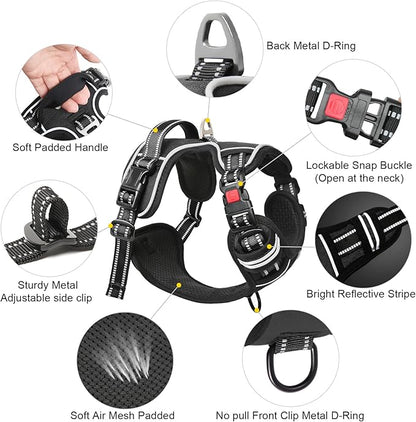 Timos No Pull Dog Harness, Release at Neck Reflective 3 Snap Buckles Adjustable No Choke Pet Vest with Front &amp; Back 2 Leash Clips, Soft Padded Control Training Handle for Small Medium Large Dogs