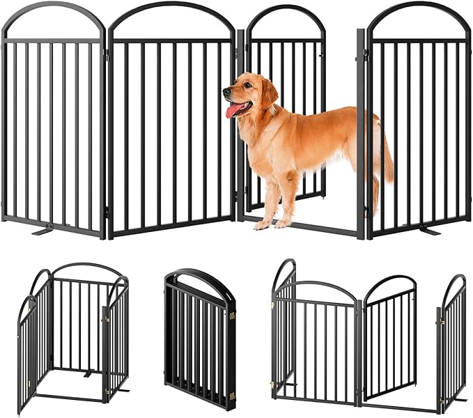 4 Panles Full Matel Freestanding Dog Gates with Door, 96"Extra Wide 32"Tall Free Standing Dog Pet Gate for Indoor &amp; Outdoor. Foldable Pet Fences for Doorways, House, Stairs, Porch, Deck, Yard