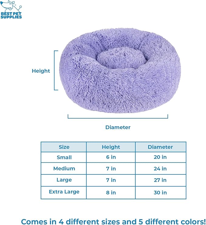 Best Pet Supplies Round Donut Dog Bed with Plush Faux Fur Fabric, Calming, Anti-Anxiety Cushion for Indoor Pets, Slip-Resistant Base, Soft Ergonomic Support - Lavender, 30x30x8&