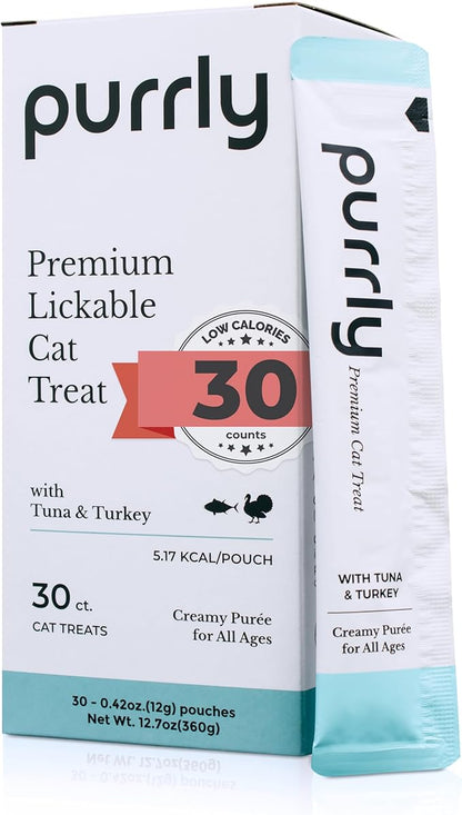 Purrly Lickable Cat Treat Healthy Human-Grade Tuna &amp; Turkey with L-Lysine &amp; Astaxanthin for Immunity (30 Count) Soft Healthy Low Calorie Hydrating Interactive Snack