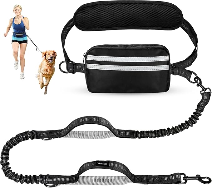 Hands Free Dog Leash, Adjustable Waist Belt with Double Padded Handles, Retractable Bungee for Medium &amp; Large Dogs, Waist Leash for Dog Walking, Running, No Pull, Black