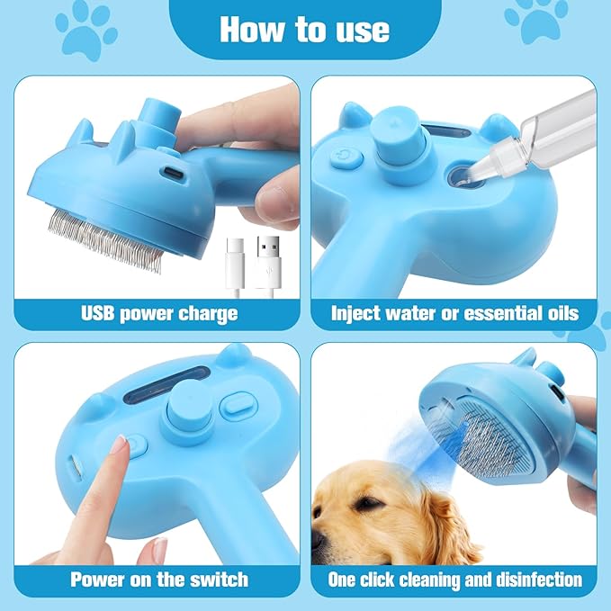 Pet Steam Brush for Dog,Gentle Cat &amp; Dog Brush for Shedding Self-Cleaning Cat Brushes for Indoor Cats Spary Pet Hair Removal Tool for Massage,Grooming Dog Brush for Short&amp;Long Haired Dogs Blue