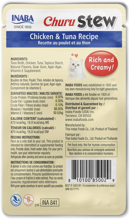 INABA Churu Stew for Cats, Side Dish Pouch with Vitamin E, 1.4 Ounces per Pouch, 12 Pouches, Chicken &amp; Tuna Recipe