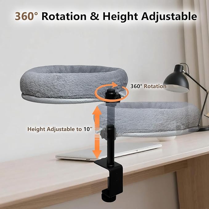 Cat Desk Bed with Summer Colling Mat, 360° Rotating &amp; Height Adjustable Indoor Cat Nest, Large Desktop Cats Perch for Home Offcice Space Saving, Supports Up to 40 lbs, Machine Washable Removable Cover