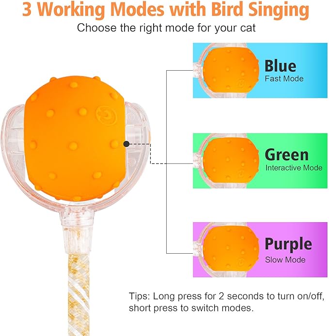 Interactive Cat Toys Ball for Indoor Cats, Automatic Agile Rolling Cat Ball with Elastic Mesh Tail, Bird Chirping &amp; Motion Activated, 2 Tail Accessories, Kitten Toy for Bored (Orange)