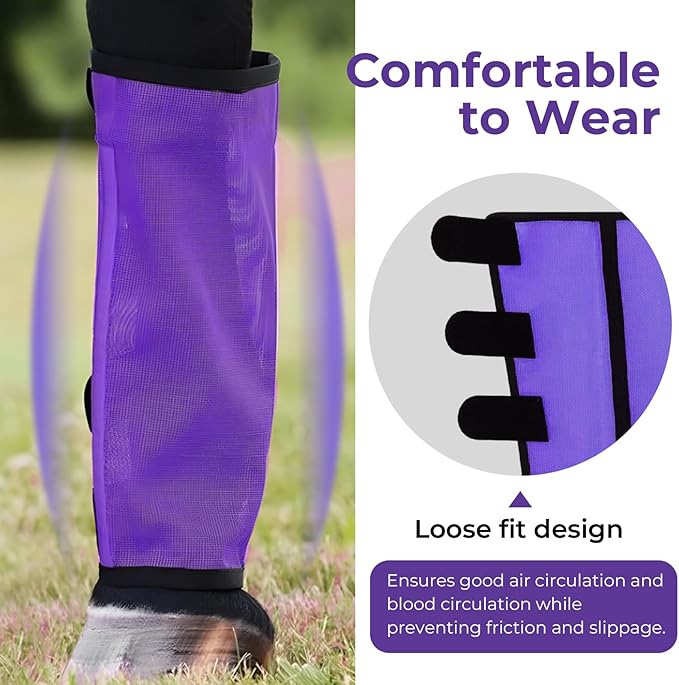 Mesh Horse Fly Boots Set of 4，Adjustable and Universal Loose Fitting &amp; Non-Slip Horse Fly Leggings for Horses,Reduce Stressful Stomping (Purple)
