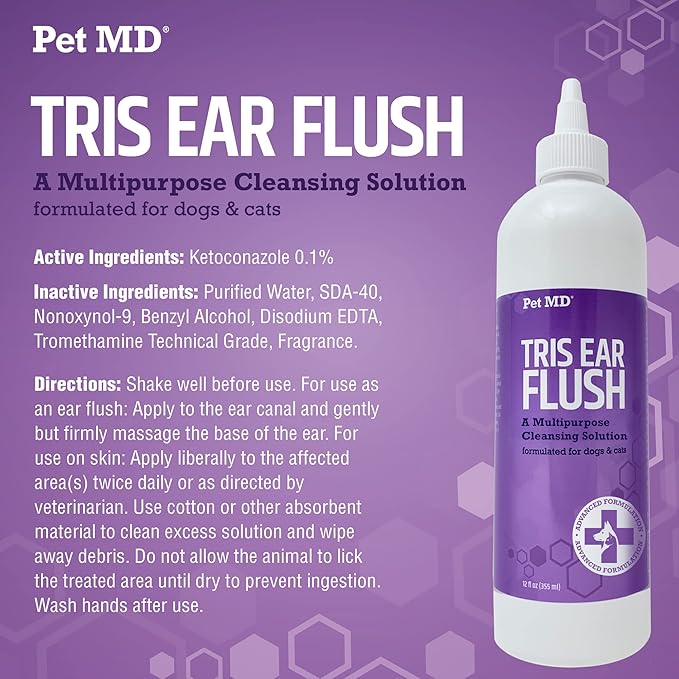 Pet MD Dog Ear Cleaning Wipes with Aloe and Eucalyptus + Veterinary Tris Flush Cat &amp; Dog Ear Cleaner