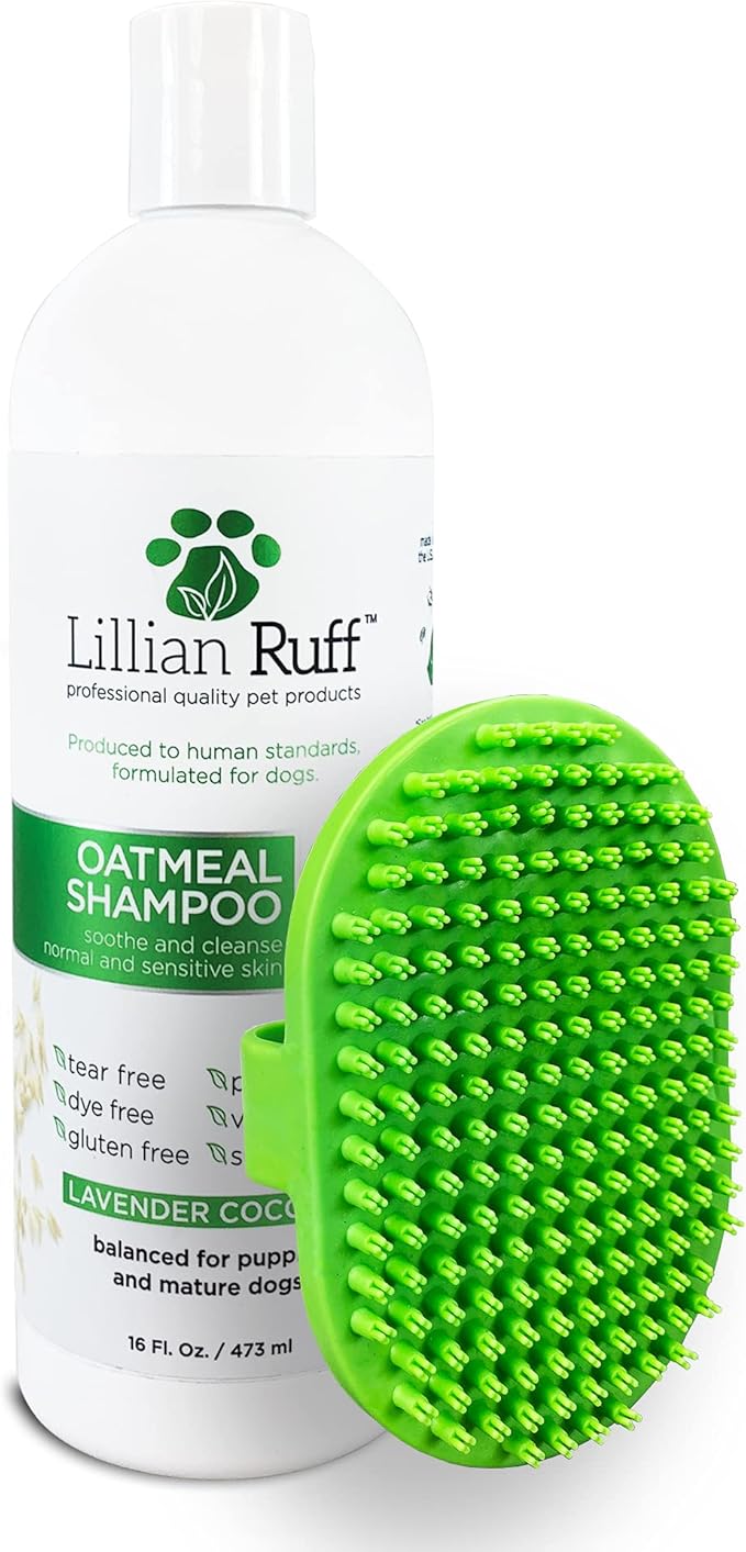 Lillian Ruff Calming Oatmeal Pet Shampoo for Dry Skin &amp; Itch Relief with Aloe &amp; Hydrating Essential Oils - Replenish Moisture &amp; Deodorize - Gentle Dog Shampoo for Normal/Sensitive Skin (16oz &amp; Brush)