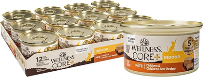 Wellness CORE+ Indoor Pate Adult Wet Cat Food, Natural, Protein-Rich, Grain Free, 3 Ounce, 12 Pack (Chicken &amp; Chicken Liver)