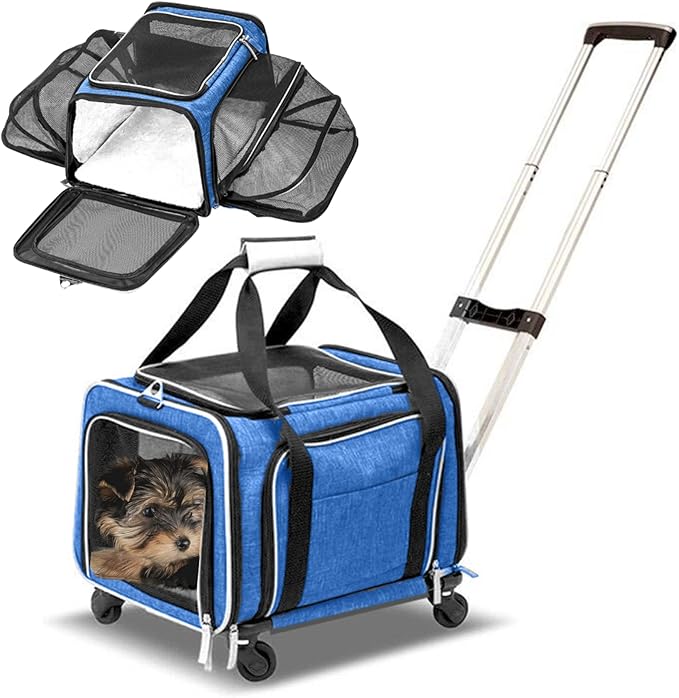 Airline Approved Expandable Premium Pet Carrier on Wheels- Two Sided Expandable Rolling Carrier- Designed for Dogs &amp; Cats- Extra Spacious Soft Lined Carrier! (Blue)
