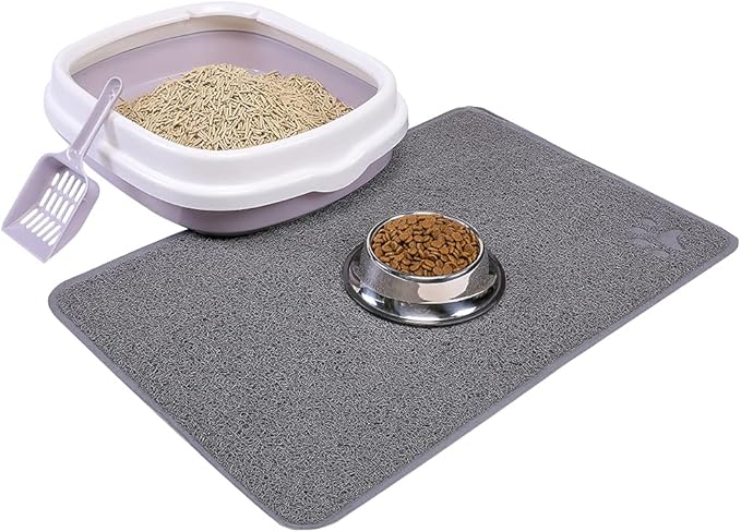 Cat Open Top Litter Box with Lid, Litter Mat, Poop Lifter Scoop &amp; Kitten Kitty Stainless Steel Feeding Dish Bowl, Starter Kit 4 Pack for Small cat Within 5 Months (Grey-Four Entries)