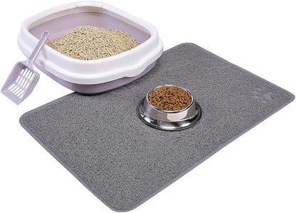 Cat Open Top Litter Box with Lid, Litter Mat, Poop Lifter Scoop &amp; Kitten Kitty Stainless Steel Feeding Dish Bowl, Starter Kit 4 Pack for Small cat Within 5 Months (Grey-Four Entries)