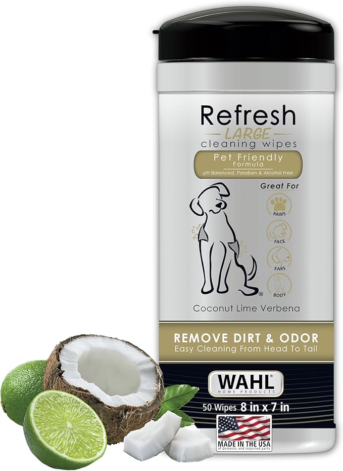 Wahl USA Pet Refresh Cleaning Wipes for All Dog Breeds - Use on Ears, Nose, Paws, Bottom, &amp; Sensitive Areas - 50 Wipes - Model 820017A