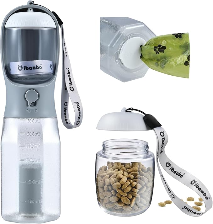 Dog Water Bottle with Food Container &amp; Poop Bag Holder, Travel Water Bowl, Portable Pet Dispenser, Dog Stuff Accessories Items, Puppy Essentials Necessities for Yorkie Chihuahua Walking Hiking
