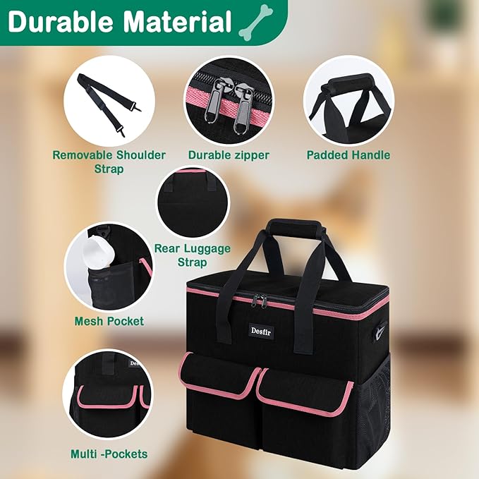 Large Pet Travel Bag Organizer - Dog &amp; Cat Tote with Food Containers, Bowls, Feeding Mat, Perfect for Camping, Hiking (Multi-Pocket Design)