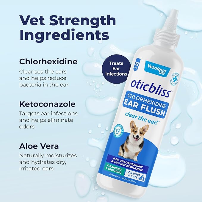 Vetnique Oticbliss Medicated Dog Ear Infection Treatment, Antiseptic Ear Cleaner for Cat &amp; Dog Ear Cleaning Solution with Chlorhexidine &amp; Ketoconazole (12oz Flush)