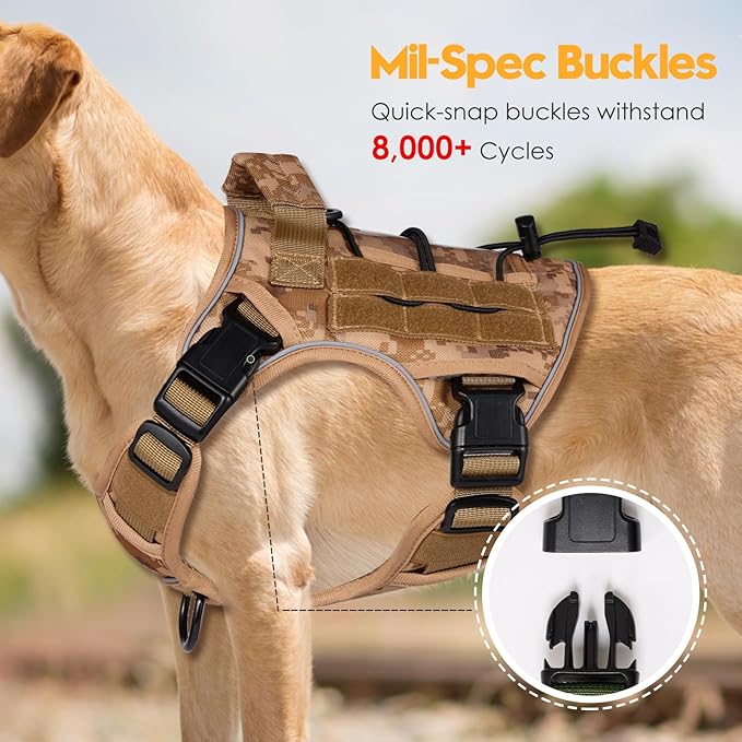 Heavy-Duty Tactical Dog Harness for Large Dogs, No Pull Adjustable Reflective Pet Vest with Molle System, K9 Military-Grade Control for Service Training, Outdoor &amp; 10+ Breeds, Khaki Camo, Medium