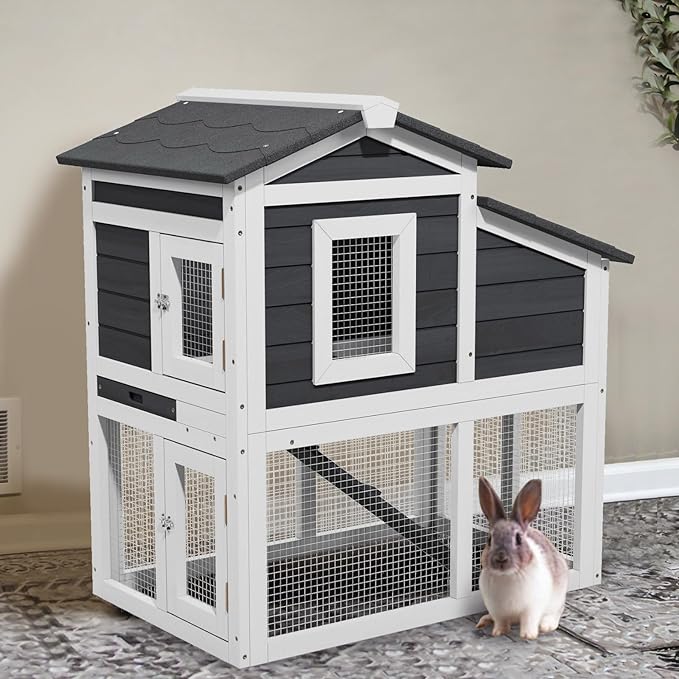 2 Story Rabbit Cage, Weatherproof Rabbit Hutch Indoor &amp; Outdoor, Wooden Guinea Pig Cages with Removable Tray Openable Roof for Small to Medium Animals