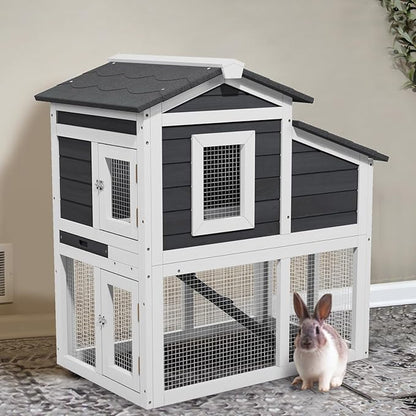 2 Story Rabbit Cage, Weatherproof Rabbit Hutch Indoor &amp; Outdoor, Wooden Guinea Pig Cages with Removable Tray Openable Roof for Small to Medium Animals