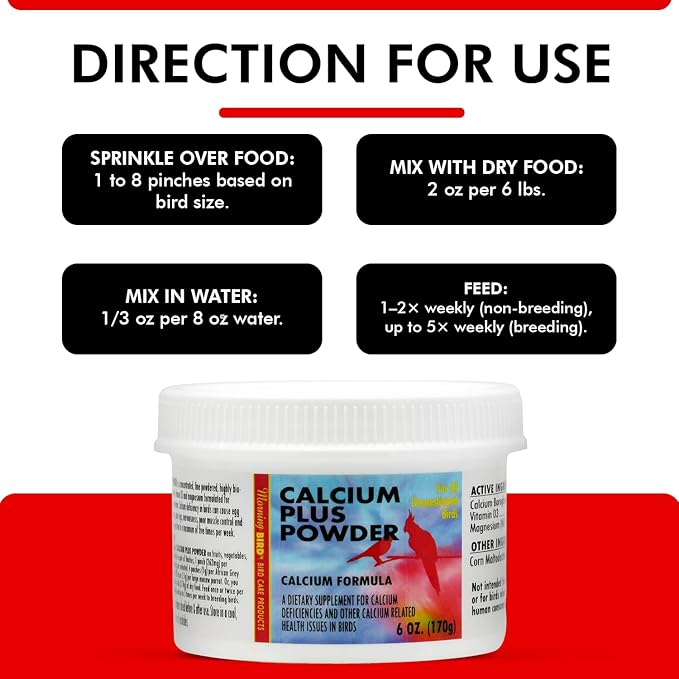 Morning Bird Calcium Plus Powder for Birds 6 oz – Calcium Carbonate Powder with Magnesium Glycinate &amp; Vitamin D – Bone Strength &amp; Immune Support Supplement – Calcium Formula for All Bird Sizes