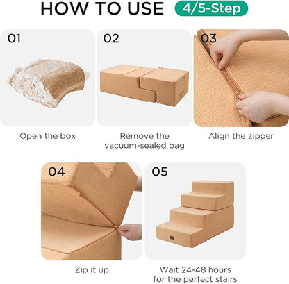 Made4Pets Dog Stairs for High Bed, Extra Wide Pet Stairs for Bed Couch Sofa, 35D Foam Pet Steps for Small Dogs and Cats, Non-Slip Bottom Dog Steps, Tan, 5 Steps