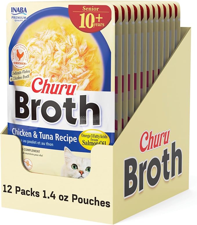 INABA Churu Broth for Cats Senior 10+, Side Dish Pouch, 1.4 Ounces per Pouch, 12 Pouches Total, Chicken &amp; Tuna Recipe