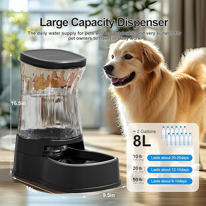 Gardner Pet Automatic Dog Water Dispenser Gravity Stainless Steel Water Waterer Feeder, Large Capacity Water Feeding Bowls for Medium &amp; Large-Sized Dogs Cats Other Pets -(2.1 Gallon)