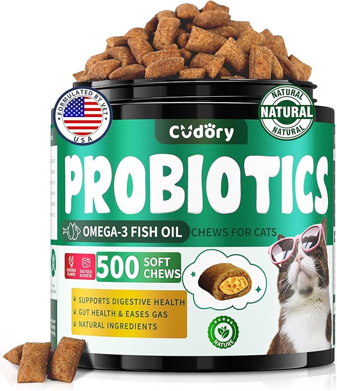 Cat Probiotics Tasty Chews for Digestive &amp; Gut Support - Crunchy &amp; Creamy Texture - Cat Gut Health, Constipation Relief, Healthy Stool, Natural Supplement for Cats, Chicken Flavor - 500 Chews