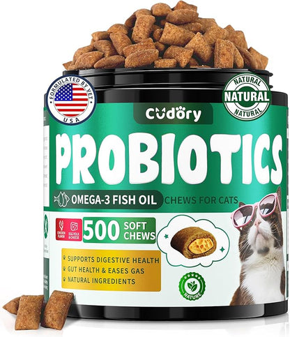 Cat Probiotics Tasty Chews for Digestive &amp; Gut Support - Crunchy &amp; Creamy Texture - Cat Gut Health, Constipation Relief, Healthy Stool, Natural Supplement for Cats, Chicken Flavor - 500 Chews
