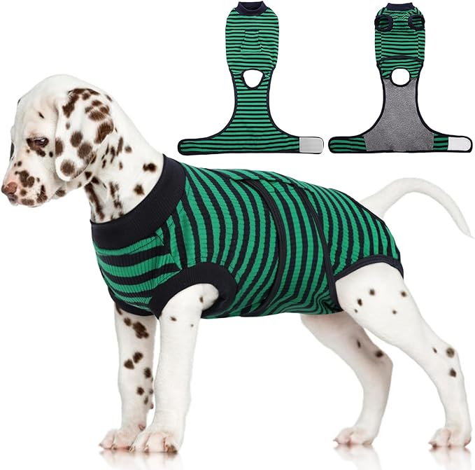 FUAMEY Recovery Suit for Dogs After Surgery,Soft Breathable Dog Bodysuit E-Collar &amp; Cone Alternative Surgical Suit,Male Female Dog Neuter Spay Suits Anti Licking Wounds Onesie Green Black Stripes XS