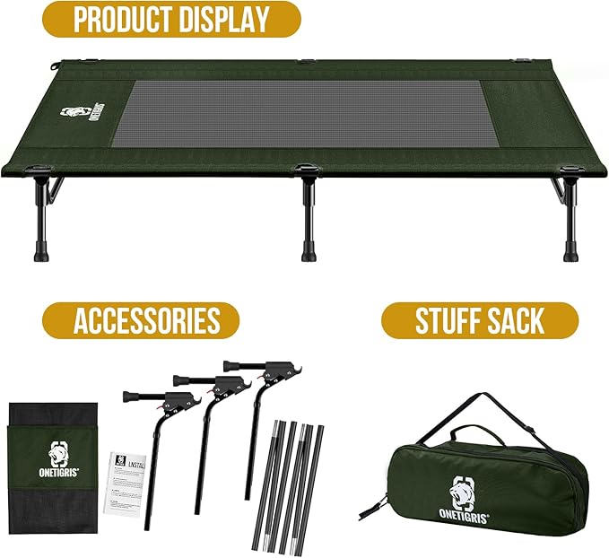 ONETIGRIS Elevated Dog Bed, Outdoor Dog Cod Large Raised Dogs Bed with Chew Proof Mesh, No-Slip Portable Dogs Cot Bed for Indoor &amp; Outdoor Portable (Green, Large)