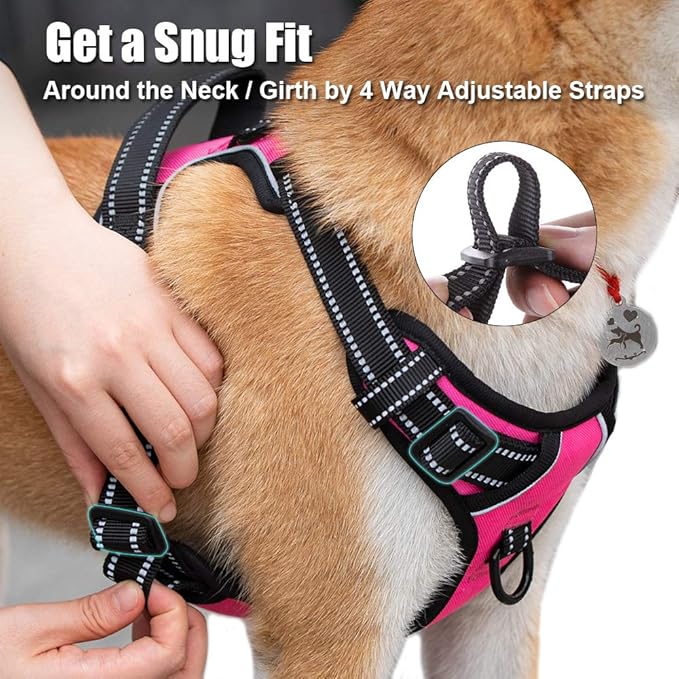 PoyPet No Pull Dog Harness, Reflective Comfortable Vest Harness with Front &amp; Back 2 Leash Attachments and Easy Control Handle Adjustable Soft Padded Pet Vest for Small to Large Dogs (Pink,XL)